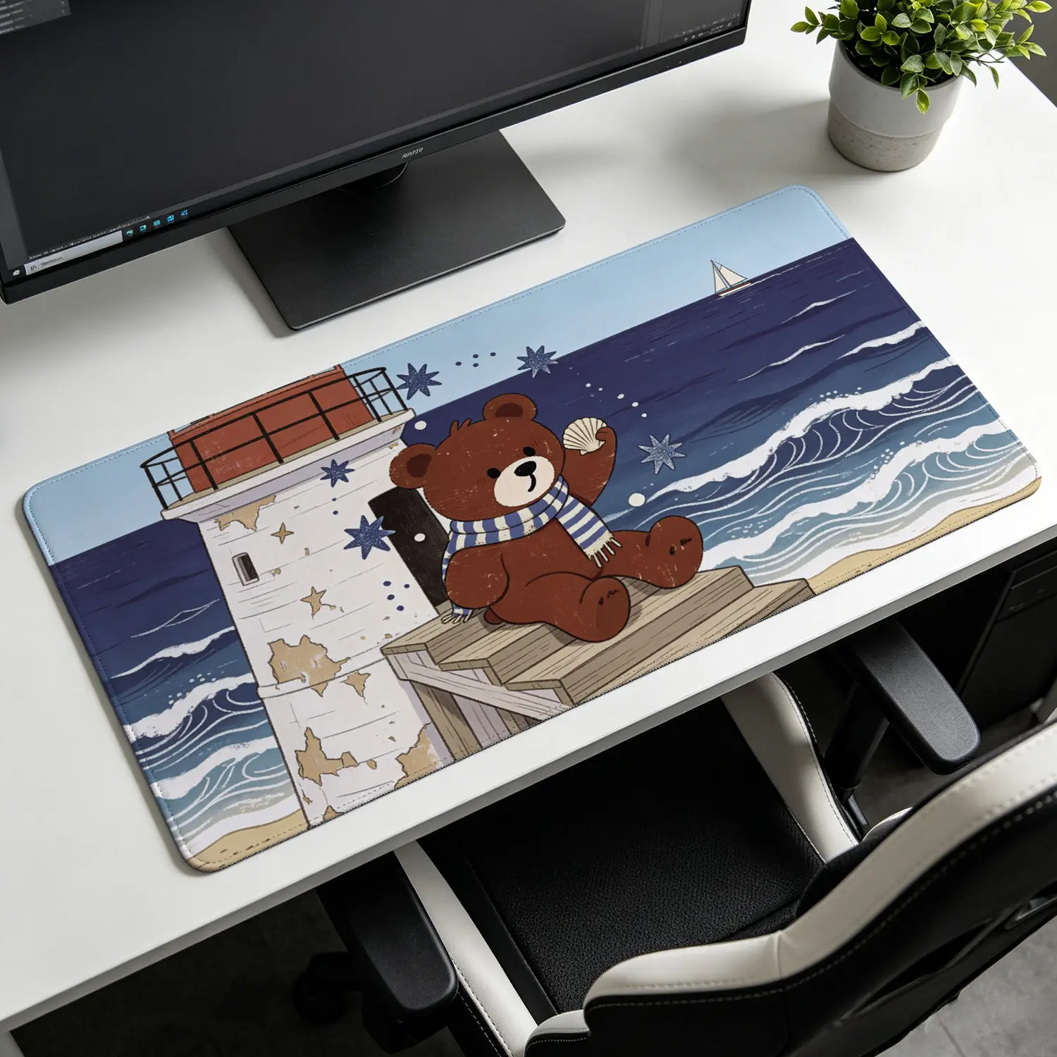 Extra Large coastal lighthouse and brown bear illustration Mouse Pad,Non Slip Rubber Pad,Desktop Decoration Drotection Pad,Washable,Lock Edge Multi Size,Premium Multipurpose Mousepad For Home,Office,Gift for Family and Friends