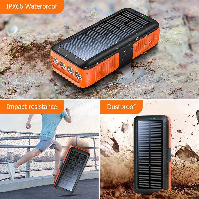 63200mAh Portable Solar Charger Power Bank Hand Crank Charge,Built in 3 Cables 4 Outputs 15W Fast charging Device,4 flashlights LED lighting /SOS/ flashing  for Spring Outdoor Camping,Mother's Day Gift Accessories Micro Smartphone Usb Chargeable