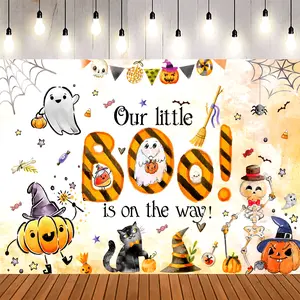 Halloween Ghost Party 2D Flat Banner, Single-Sided Polyester Backdrop with Metal Grommets, Pumpkin, Bat, Spider Web and Witch Hat Design, Halloween Photo Booth Background Decoration