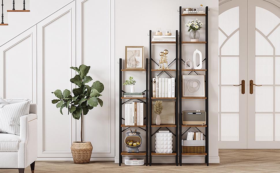 Ladder Shelf, Bookshelf Bookcase, Freestanding Corner Storage Shelve with 2 Hooks for Home Office, Living Room, Kitchen, Bedroom, Industrial, 11.8" D x 13.4" W x 63" H, Rustic Brown