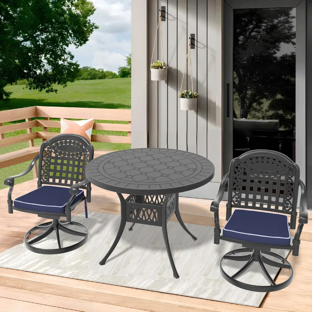 Aobtkel3-Piece All-Weather Cast Aluminum Dining Set, Include 2 Swivel Chairs and 39.37" Round Table With Black Frame