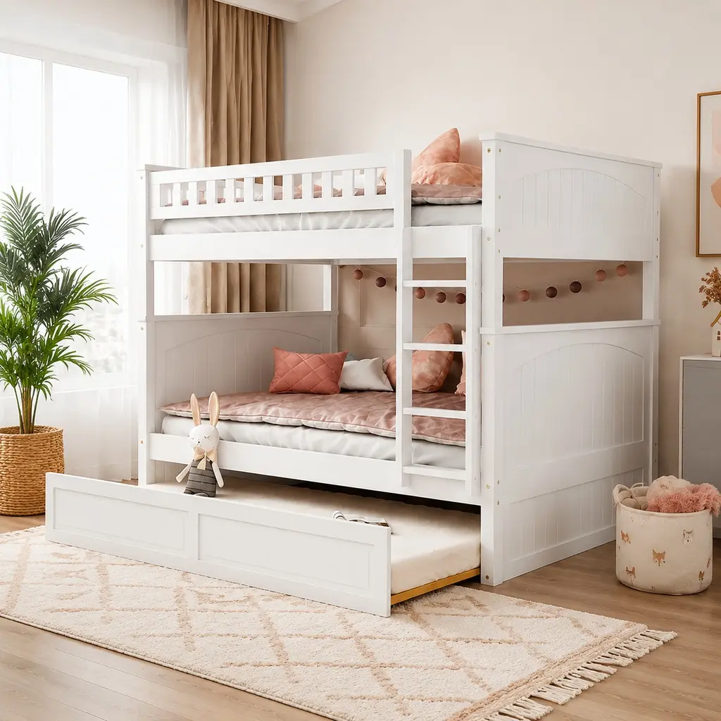 Full Over Full Bunk Bed with Twin Trundle for Kids Bedroom, Solid Pine Wood, White Finish, Space-Saving Design, 2 Full Beds Plus Twin Trundle, No Box Spring Needed