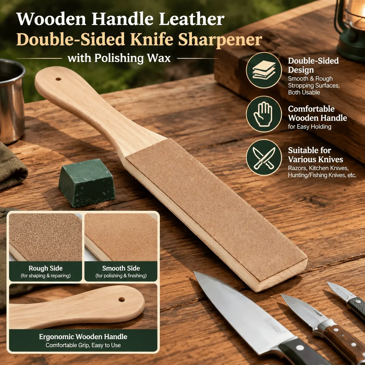 1PC of Wooden Handle Leather double-sided Knife Sharpener with Polishing Wax, Suitable for Polishing Razors, Kitchen Knives, Etc. It Is Applicable for Home Use, Outdoor Camping, Kitchenware