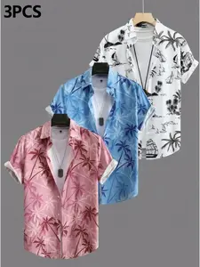 3-Pack Men's Tropical Palm Tree Sailboat Print Shirts, Nautical Style Casual Tops, Unique Vacation, Short Sleeve Slim Fit