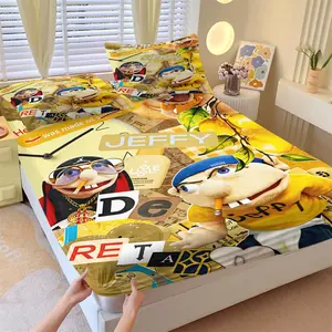 Jeffy Puppet Collage Print Fitted Sheet Set, 1 Fitted Sheet + 2 Pillowcases, Deep Pocket Non-Slip Mattress Protector, Vintage Paper Splicing With Jeffy Character Lemon And Letter Print, Trendy Bedding For Youth Fans Bedroom Decor