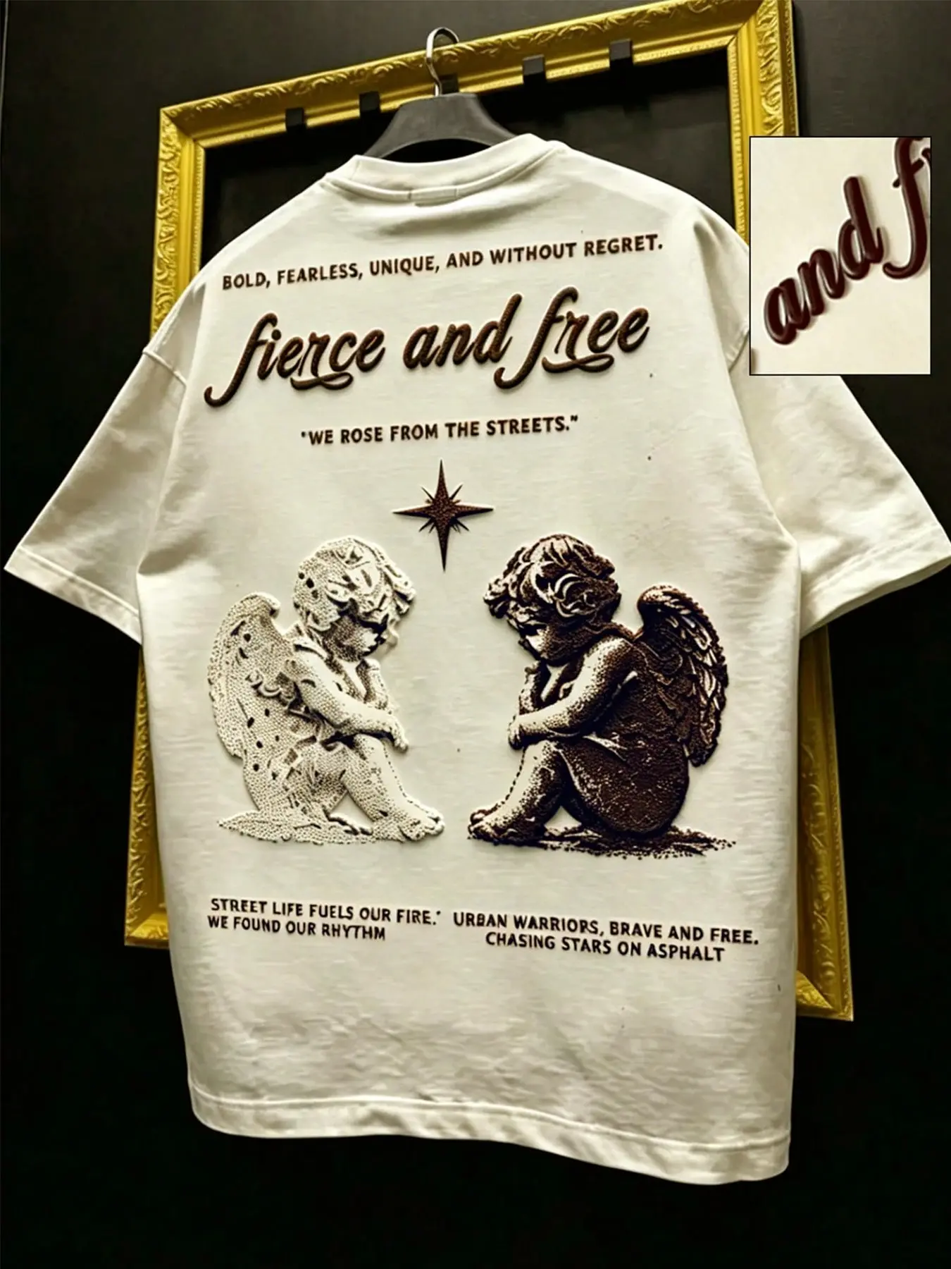 Men's Retro Vintage High Street T-Shirt, Crew Neck Short Sleeve Top With "Fierce And Free" Slogan And Cherub Print, Suitable For Urban Commute, Casual Gatherings And Weekend Trips