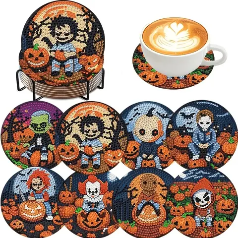 8-piece DIY diamond painting coaster set with stand, Diamond Art Coasters Kit, Wood coasters, Halloween-themed design, ideal for beginners, desktop and bar counter decoration, perfect gift choice