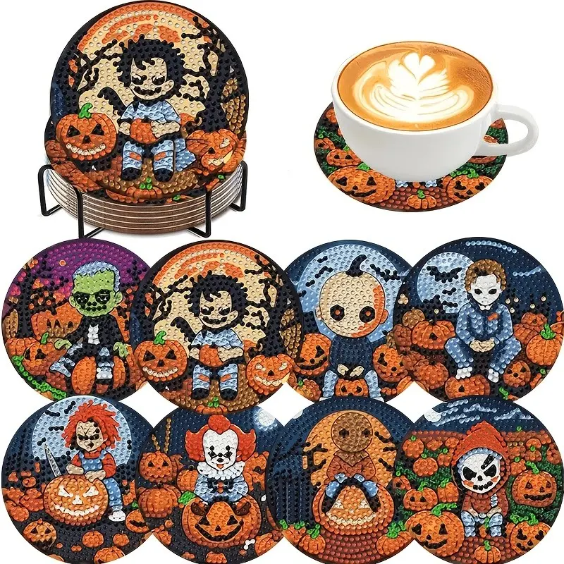 8-piece DIY diamond painting coaster set with stand, Wood coasters, Halloween-themed design, ideal for beginners, desktop and bar counter decoration, perfect gift choice