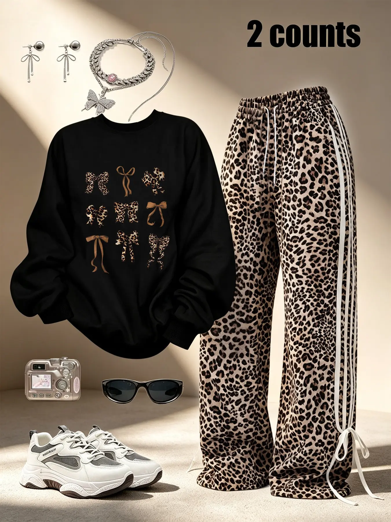 Women's Autumn Winter Casual Set, Leopard Print Bow Round Neck Long Sleeve Sweatshirt + Wide Leg Pants, Side Stripe Tie Design, Essential