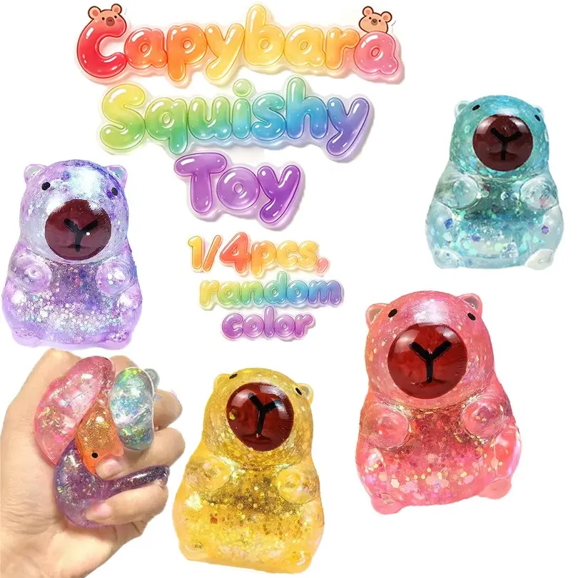 1/4Pcs Glitter Transparent Capybara Squishy Toy Set, Cute Cartoon Hydrochoerus Squeeze Fidget Toy, Soft TPR Stress Relief Hand Toy, Random Color, Kids Birthday Gift, Classroom Reward & Kawaii Desktop Decor, Cute Squishies