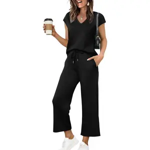 Two Piece Sets for Women Summer Outfits Lounge Sets V Neck Tops Wide Leg Pants Vacation Travel Outfits
