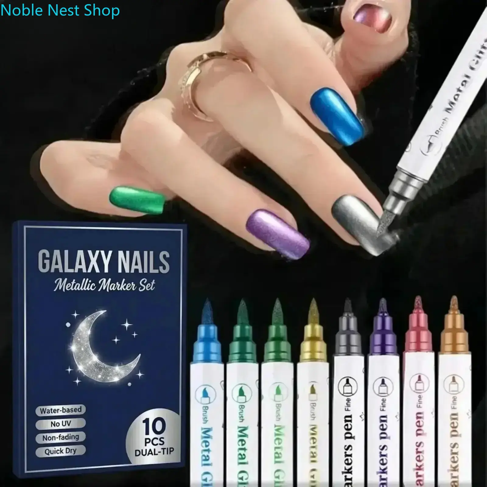 10 Colors Dual Tip 3D Nail Art Marker Pen Set, Metallic Quick Dry Washable DIY Manicure Tools for Women