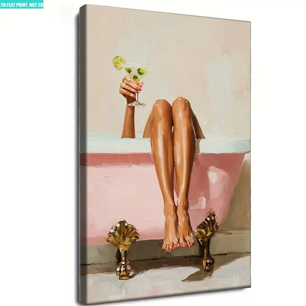 Modern wooden wall art print for bathroom aesthetic decor, digital artwork featuring bathtub and martini glass, women self-care cocktail themed decorative item for home spa church unique art decoration