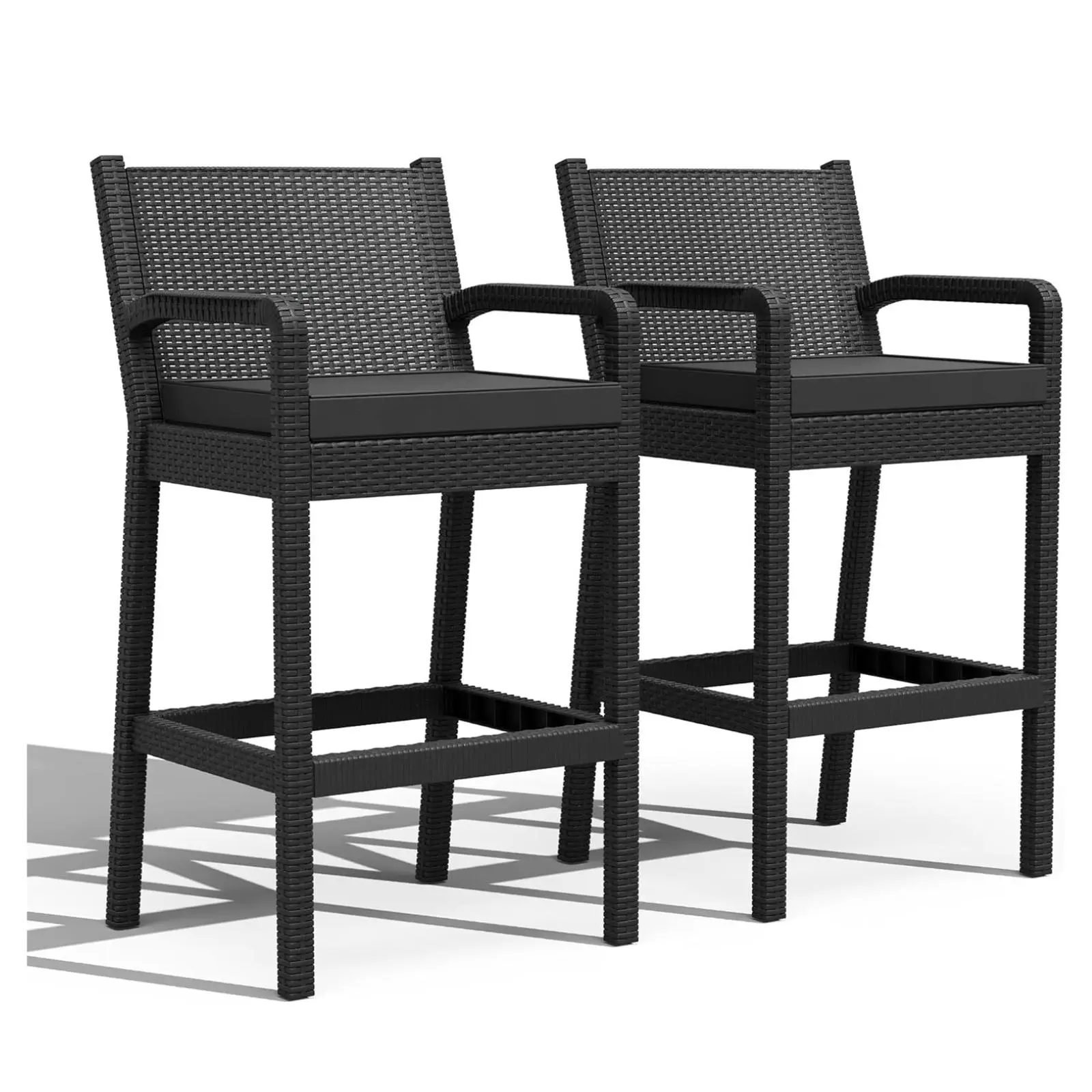 GARVEEOutdoor Bar Stools Set of 2, Wicker Bar Height Patio Chairs with Cushions, Wicker Barstools Indoor Outdoor Bar Stool Patio Furniture for Backyard, Garden, Pool, Balcony and Deck, Black
