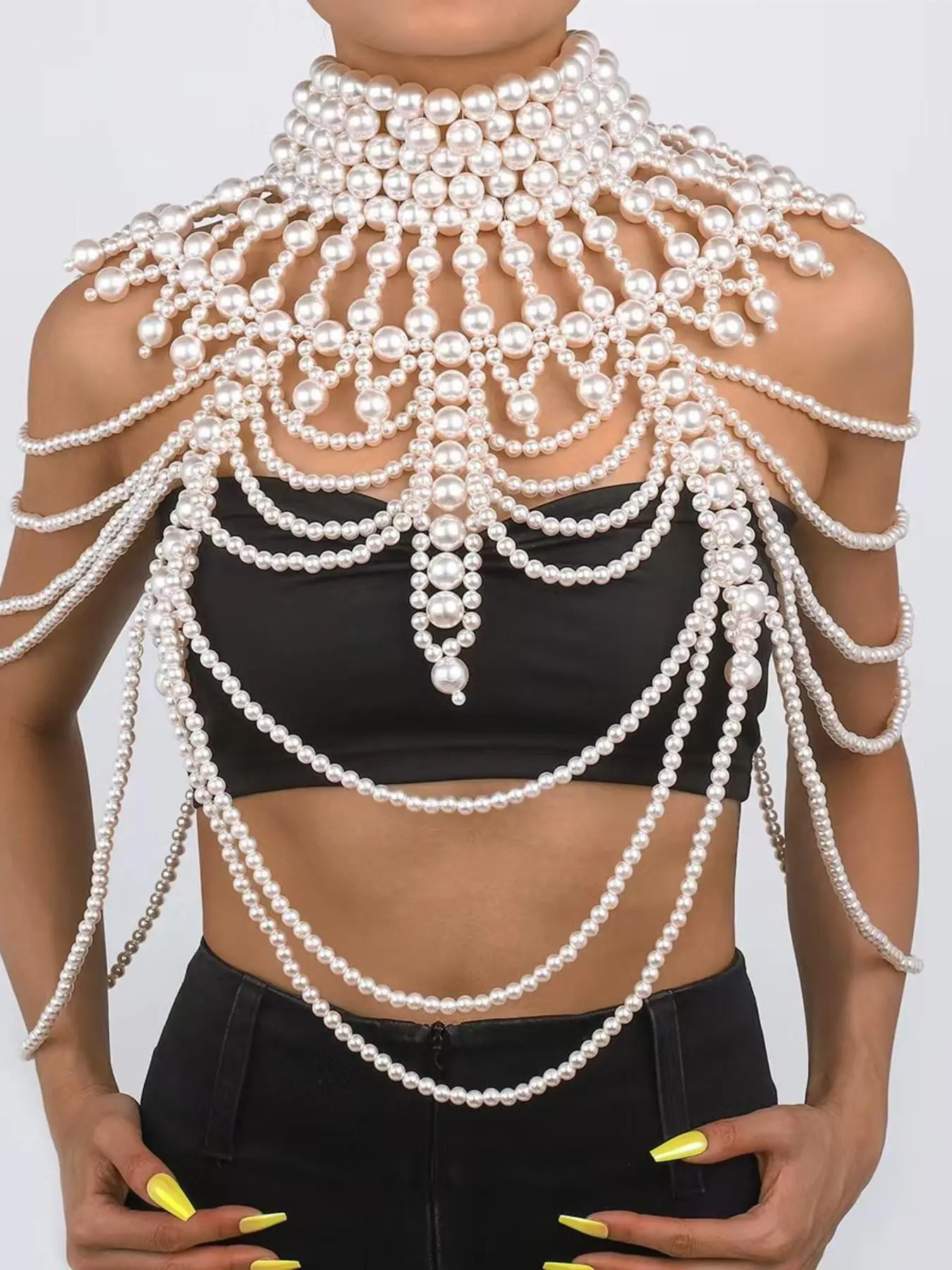 Multi-Layer Pearl Shoulder Chain, Elegant Vintage Style, Handmade Beaded Fringe Body Chain, Fashion Body Jewelry, Party Evening Gown Accessory, Perfect Gift
