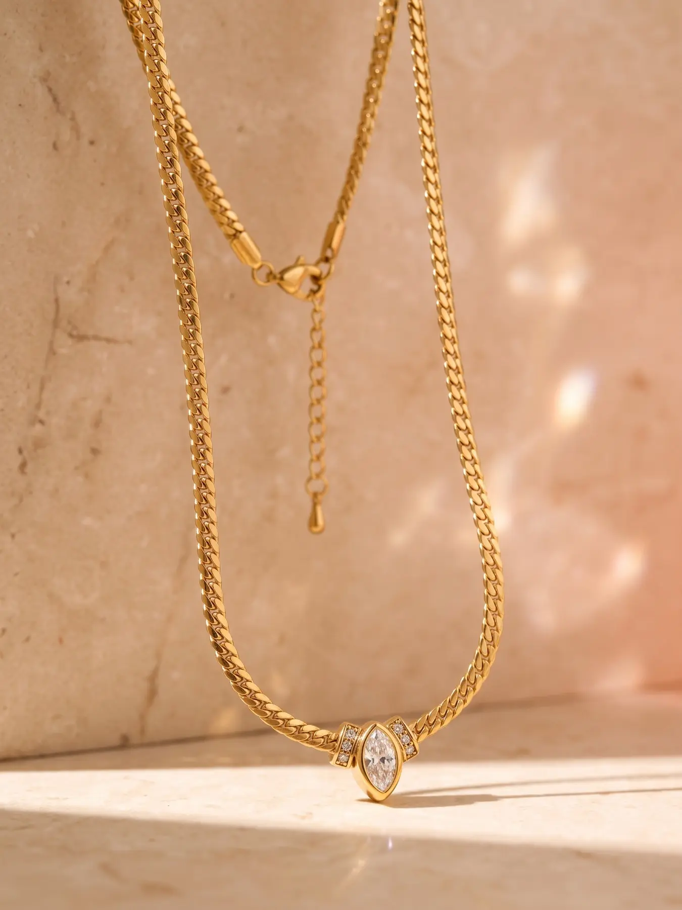 Waterproof Stainless Steel Pink Marquise Zircon Cuban Necklace, Gold Plated Non Tarnish Adjustable Choker For Women Trendy Daily Accessory Chain Choker Necklaces