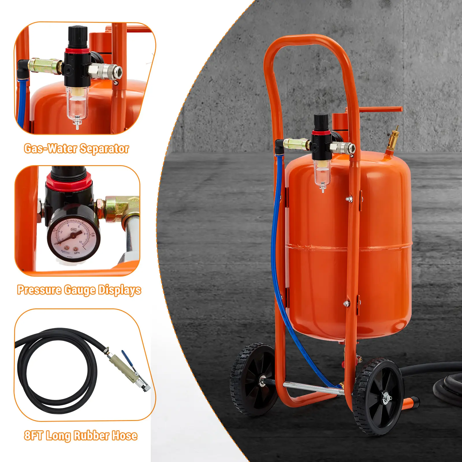 Mobile sandblaster with 4 ceramic nozzles, oil-water separator & pressure gauge – Portable sandblasting device for efficient rust, paint, and stain removal, including wheels – Ideal for DIYers & professionals