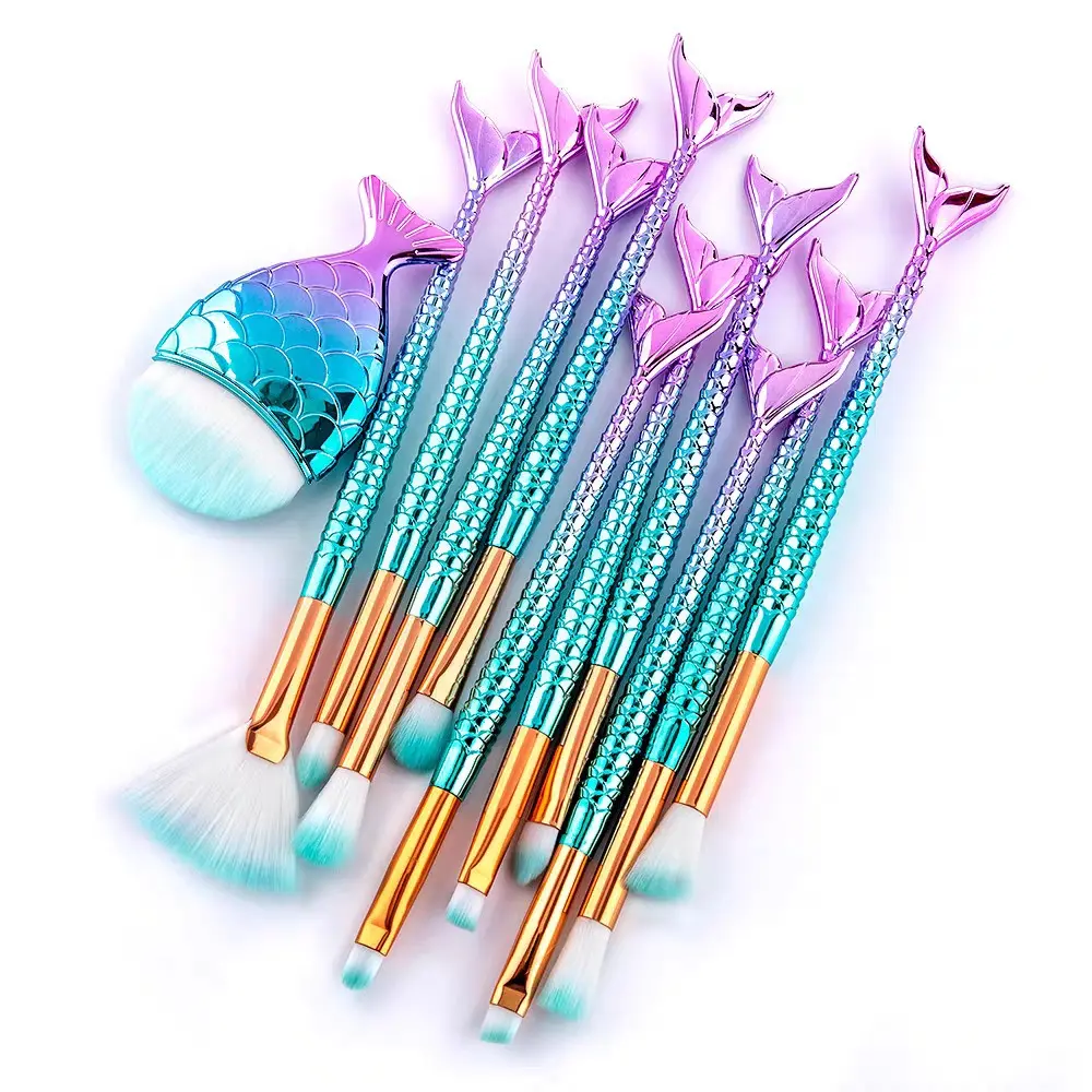 11pcs colorful gradient mermaid makeup brush set, Face makeup brushes, complete foundation, concealer, eyebrow, liner and blush brushes, fishtail handles with soft bristles, perfect daily makeup set & gift for student beginners and girls
