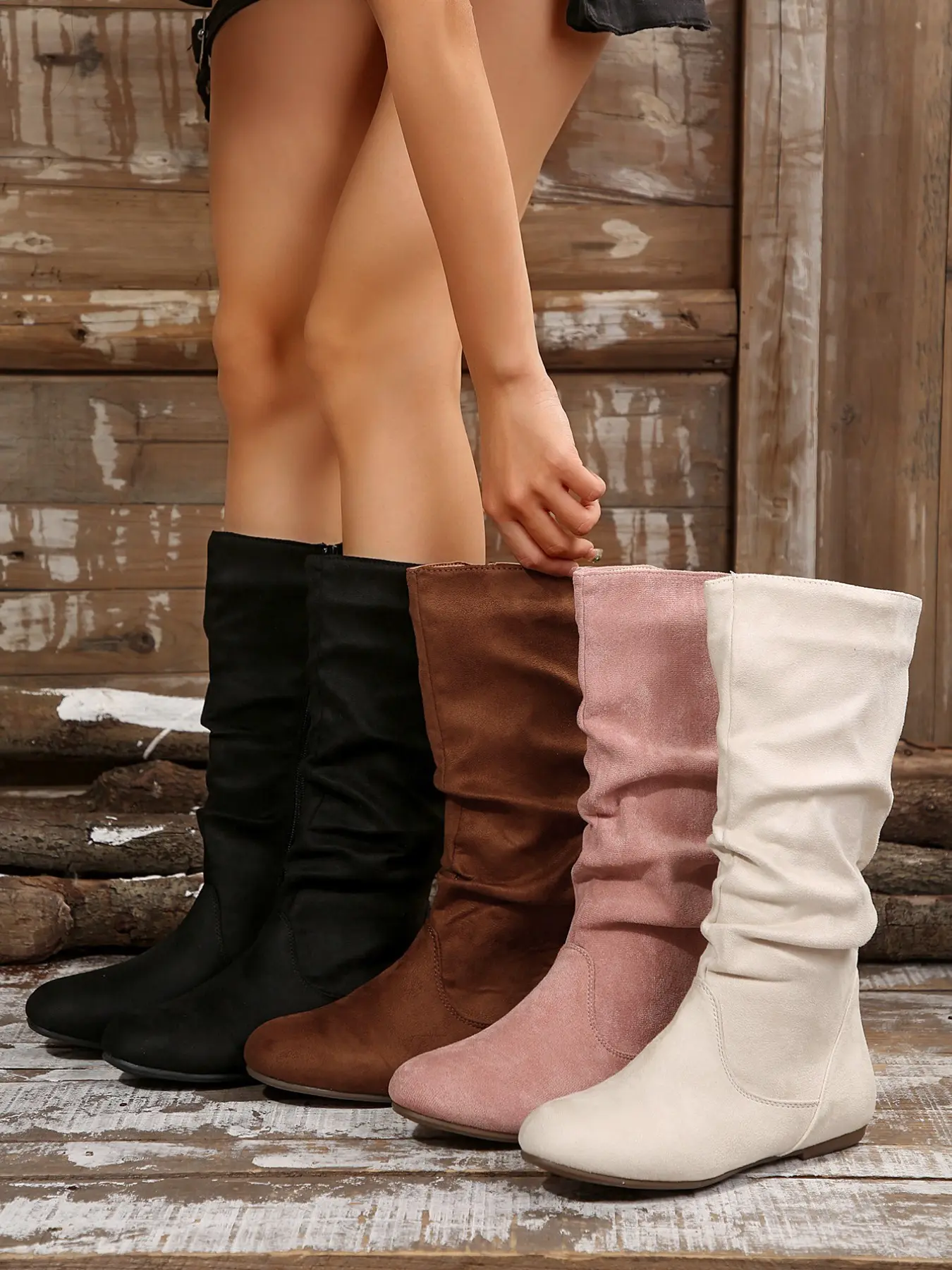 Women's Pleated Design Warm Outdoor Boots, Solid Color Stretch Suede, Trendy Mid-Leg Retro Cowboy Boots, Comfortable All-Day Wear, Fashionable Boots