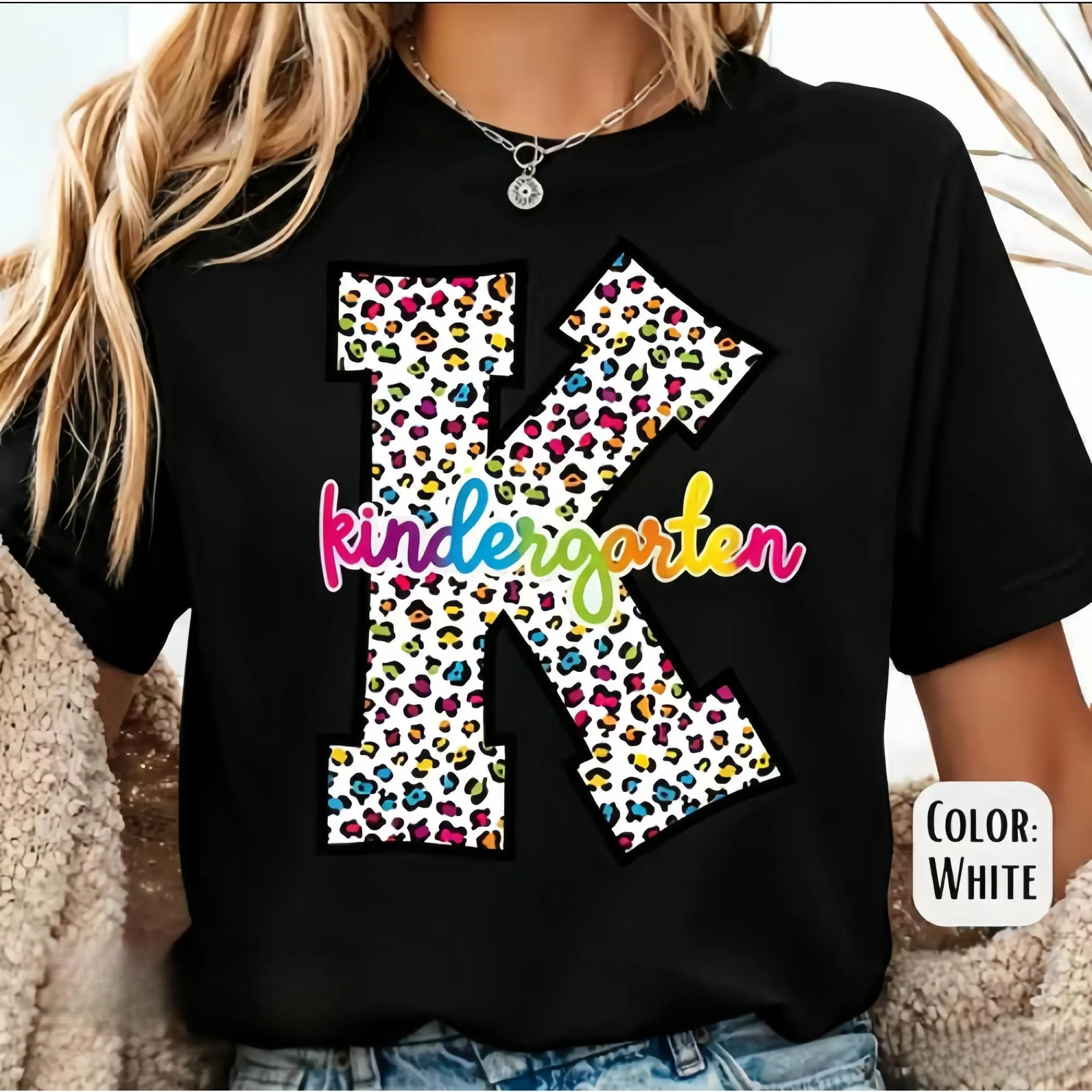 Rainbow Kindergarten Script Leopard Print Big K T-Shirt Preschool Teacher Casual Short Sleeve Top