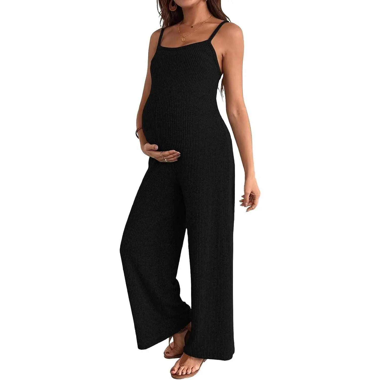 Maternity Ribbed Sleeveless Square Neck Wide Leg Stretchy Jumpsuit Romper(Gift)