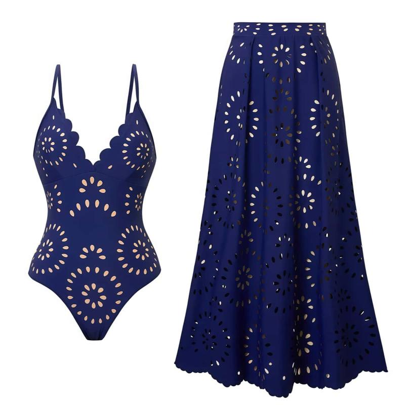 Women's Laser Cut Mesh One-Piece Swimsuit & Matching Cover Skirt Set Quick Drying Sheen Removable Pads Cold Washable Beachwear Deep V Neck Stretchy Swimwear Stylish Bathing Suit Beachwear