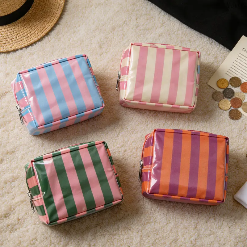 Cute Vertical Stripe Cosmetic Bag, Small Glossy Waterproof Toiletry Organizer, Portable Makeup Pouch for Travel & Daily Sundries, Compact, Unisex, Zippered, Toiletry Bags, Cosmetic Storage Bag tiktokshopbacktoschool