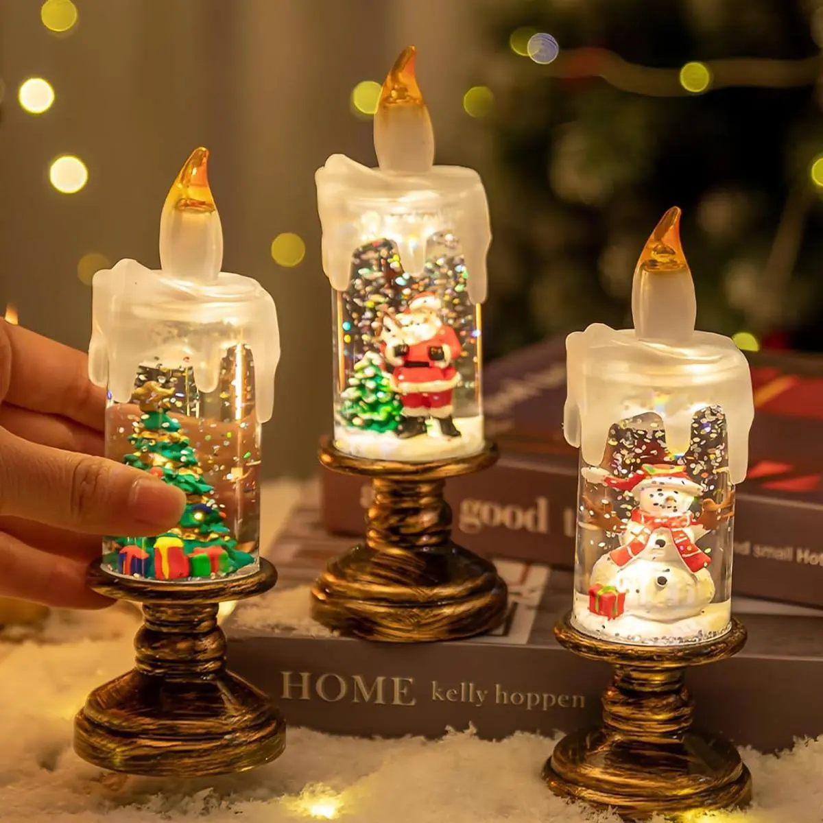 Christmas Snow Globe Candle Battery Operated Lighted Flameless Candles Light Swirling Water Glittering Spinning Candles for Christmas Home Decoration