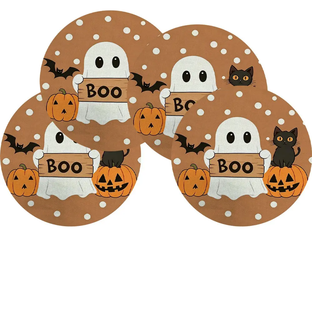 4/6 PCS Orange Polka Dot Pumpkins Boo Black Cat Bar Halloween Kitchen Dining Placemats, Halloween Boo Round Place Mats Table Mats