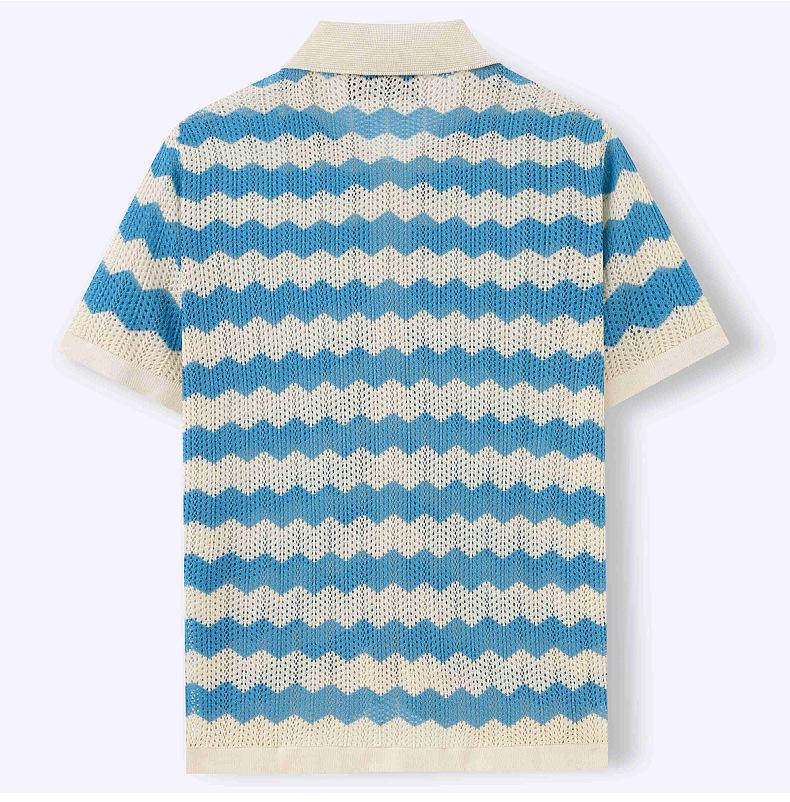 Men's Vintage Hong Kong Style Wave Pattern Hollow Knit Shirt with Turn-down Collar, Summer Short Sleeve Casual Polo Shirt