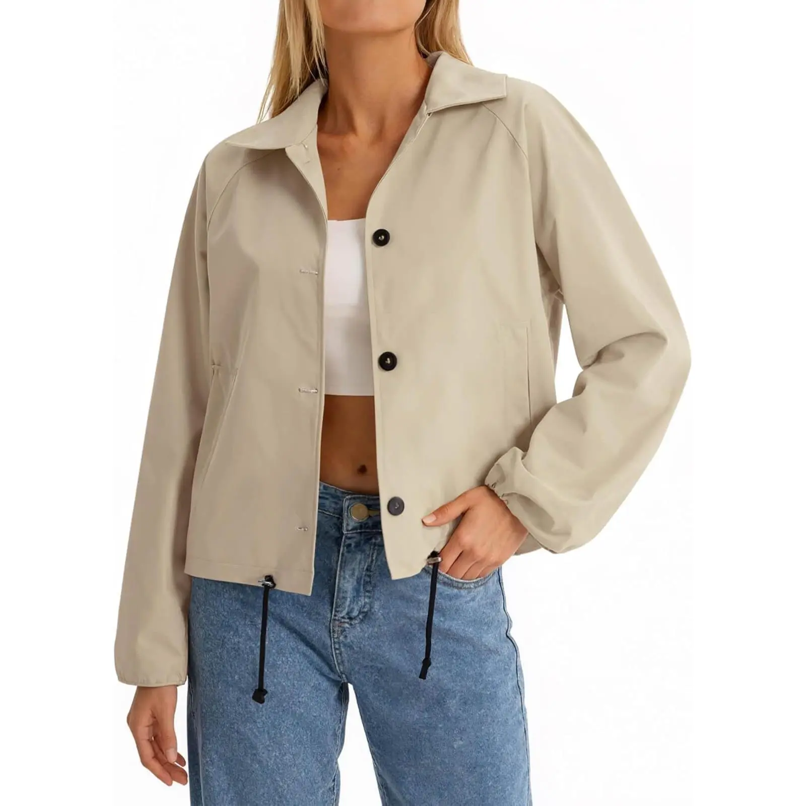 Yousify Womens Cropped Bomber Jackets Button Down Lapel Collar Coats Adjustable Waist Trench Coat Outerwear with Pockets