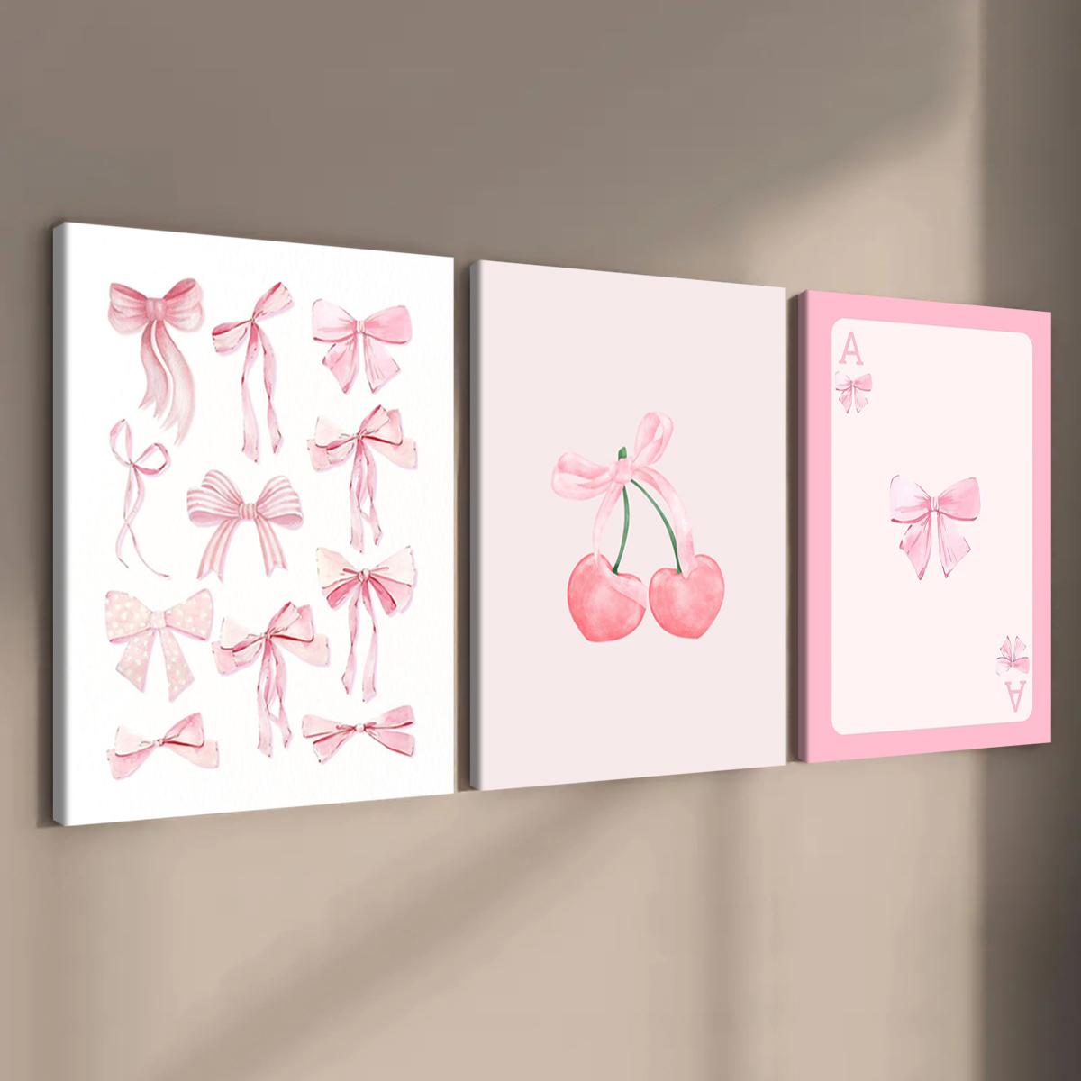 Wooden Framed Canvas Painting, 3 Counts/set Cute Bow Pattern Artistic Wall Art for Girl, Wall Decor for Home Living Room Bedroom Office