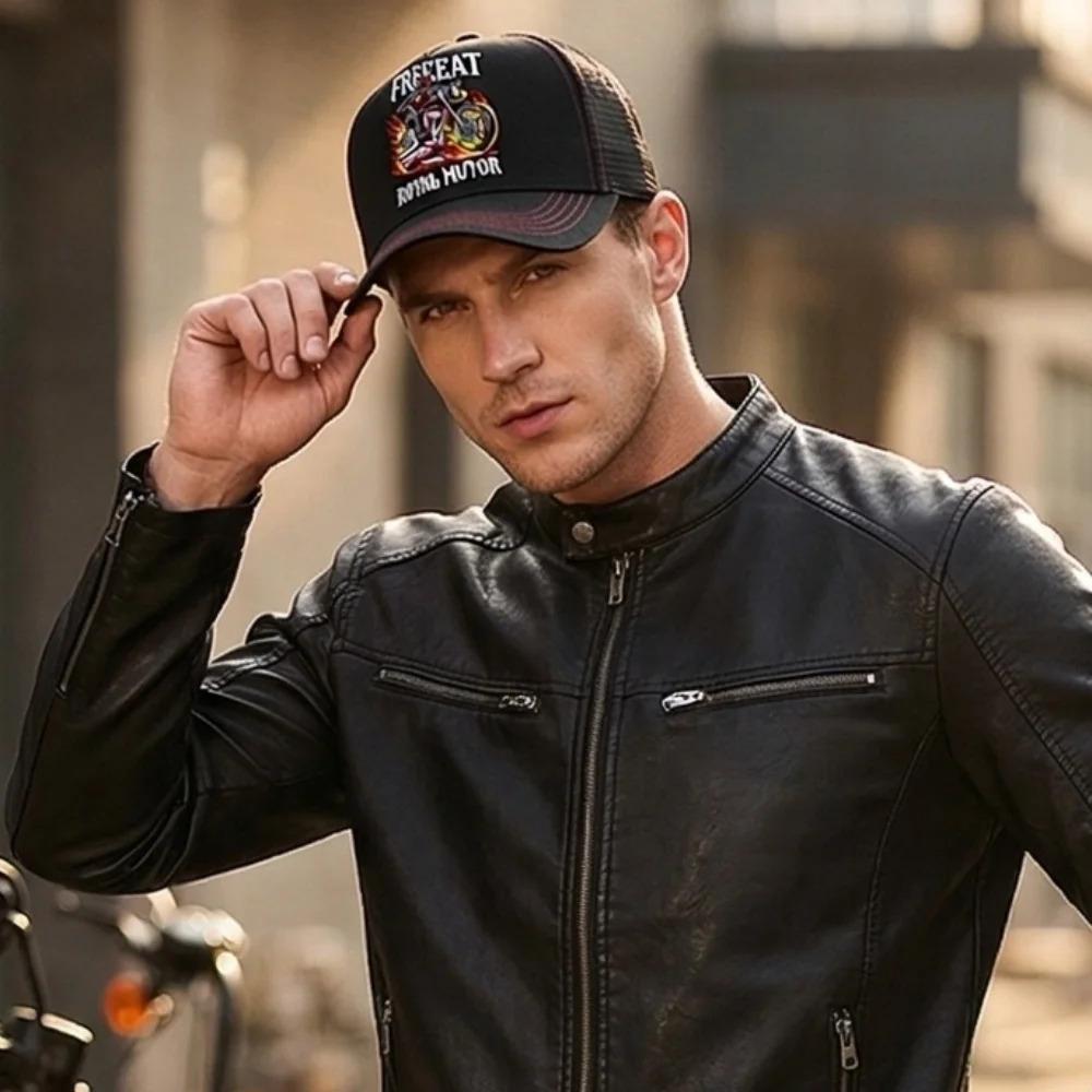 Hot Sale Motorcycle Embroidered Trucker Hat Flame Biker Patch Baseball Cap For Man Woman Breathable Streetwear Summer Mesh Caps