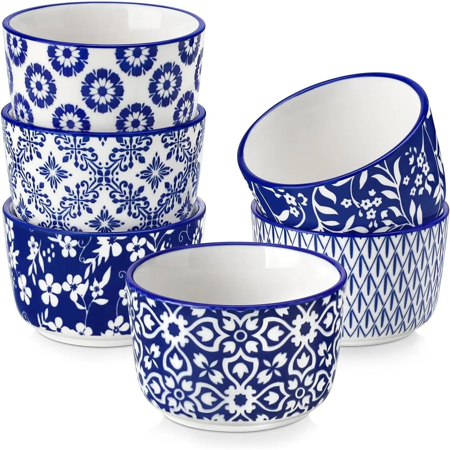Selene 4 oz Mini Ceramic Ramekins Set of 6, Oven-Safe Baking Cups for Crème Brûlée, Soufflés, Desserts, Handcrafted Blue and White Patterns