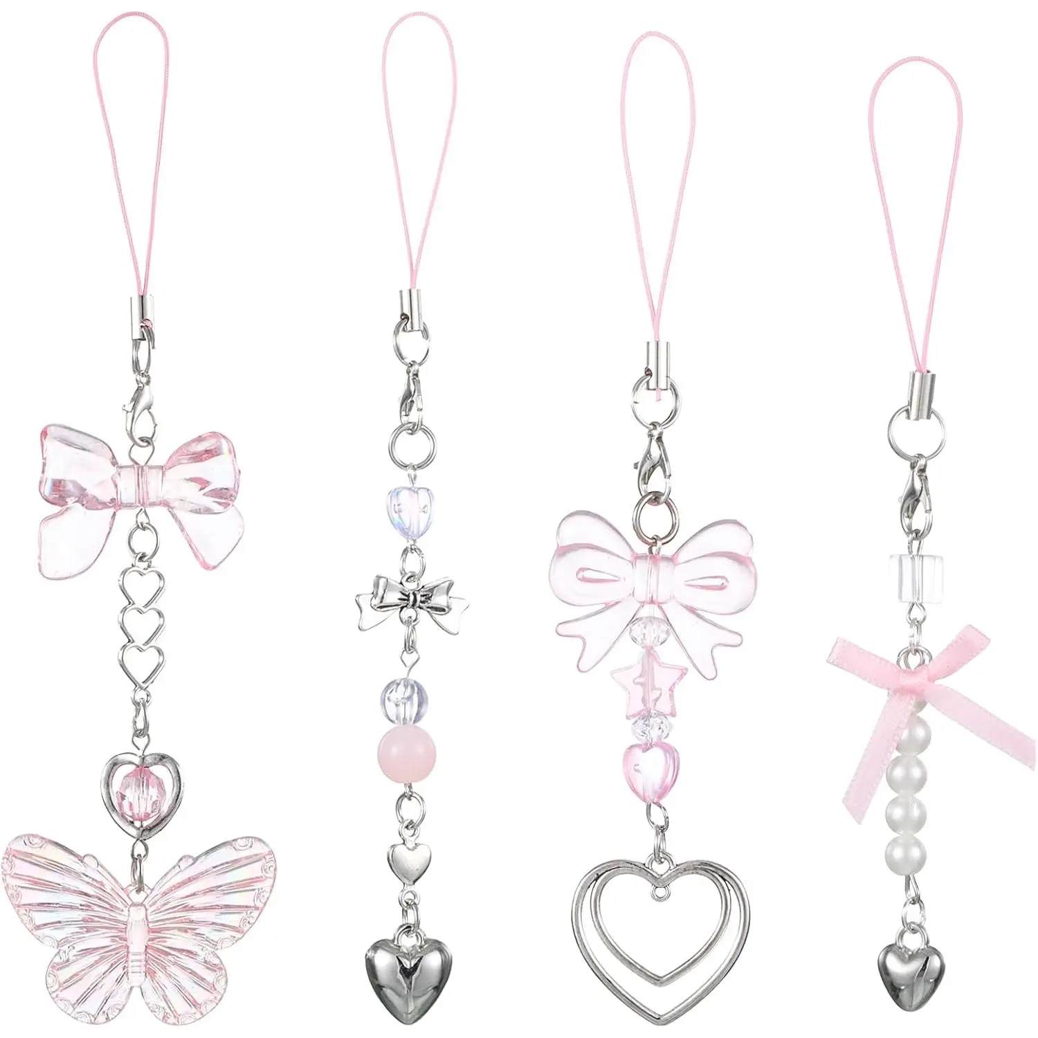4 count Cute Bow Phone ,  Phone , Butterfly Phones Strap Aesthetic Beaded Camera Strap Lanyard, Y2K Phones Accessories or Bag Purse Backpack Camera Decor
