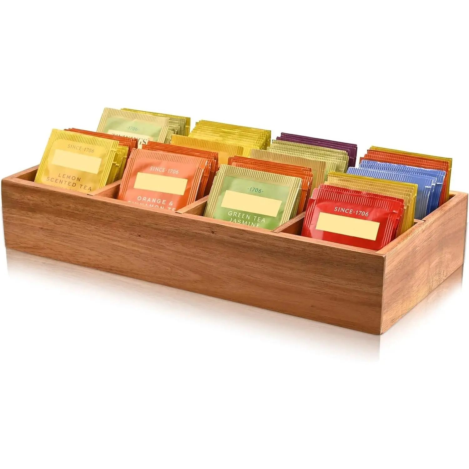 Wood Tea Bag Organizer with 8 Slots Tea Bag Holder Tea Organizer Sugar Packet Storage for Countertops