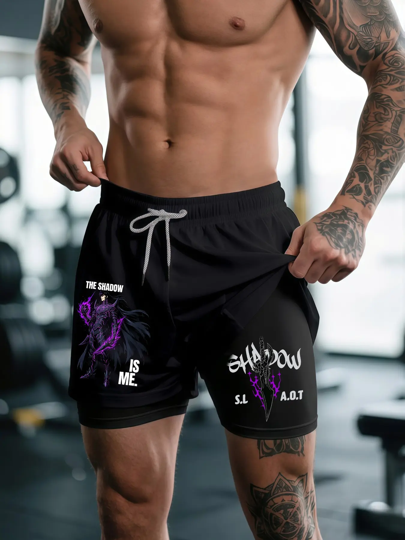 Anime Prints 2-In-1 Drawstring Waist Shorts, Quick-Dry Swim Trunks, Loose Fit with Pockets, Ideal for Summer & Workout Wear