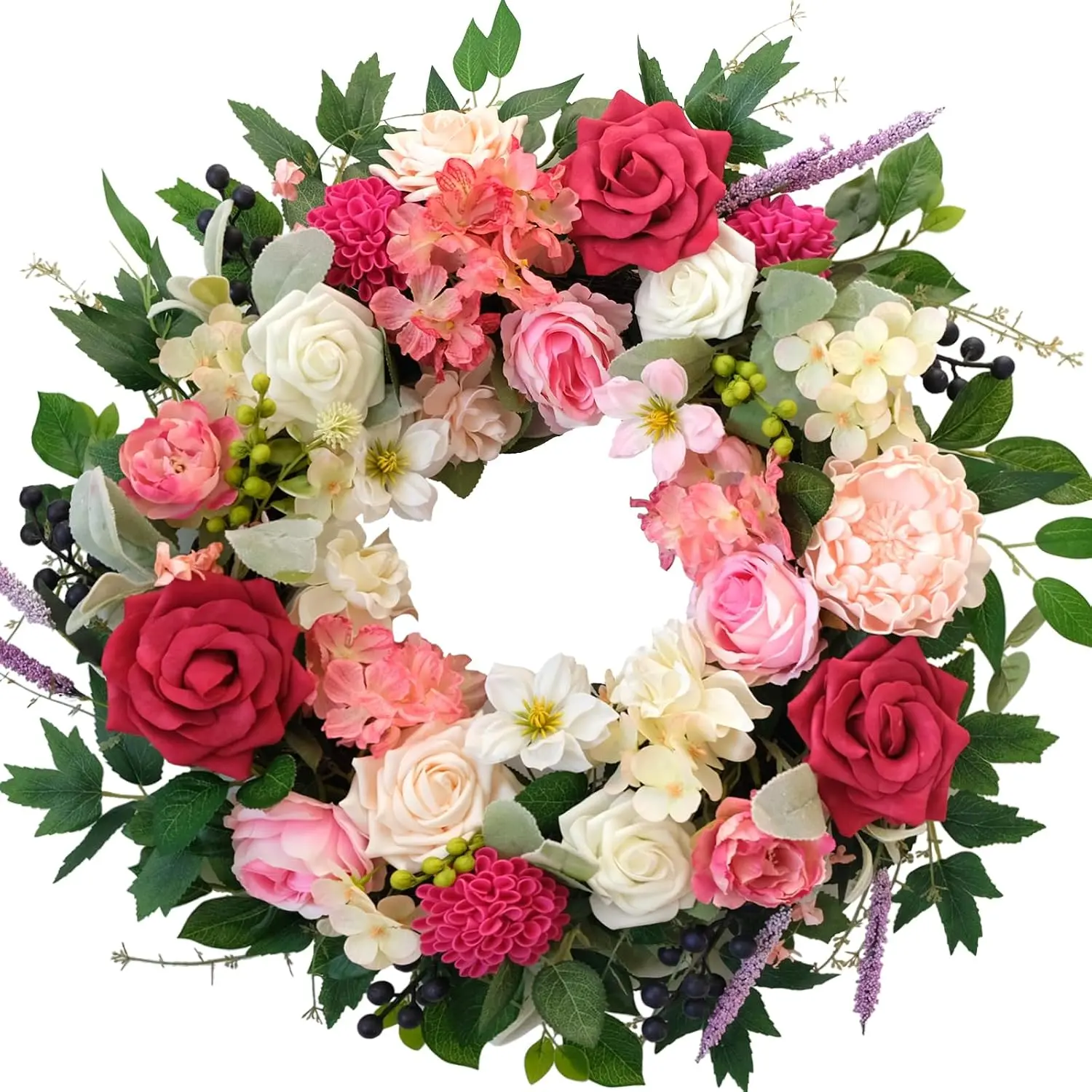 22 Inch Spring/Summer Floral Wreaths for Front Door,Artificial Decoration Wreath with Rose Dahlia Hydrangea for  Valentine Wedding  Day Decor(RED)