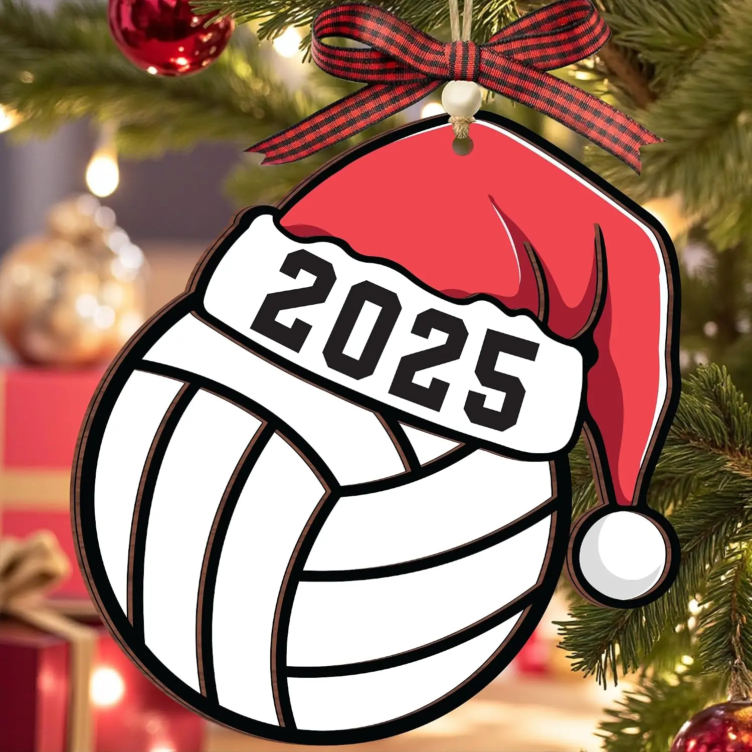 2025 Volleyball Christmas Ornament –  Volleyball Ornament with Santa Hat,  Box Included, Lightweight Tree Decoration for Volleyball Player, , Team, Stocking Stuffers