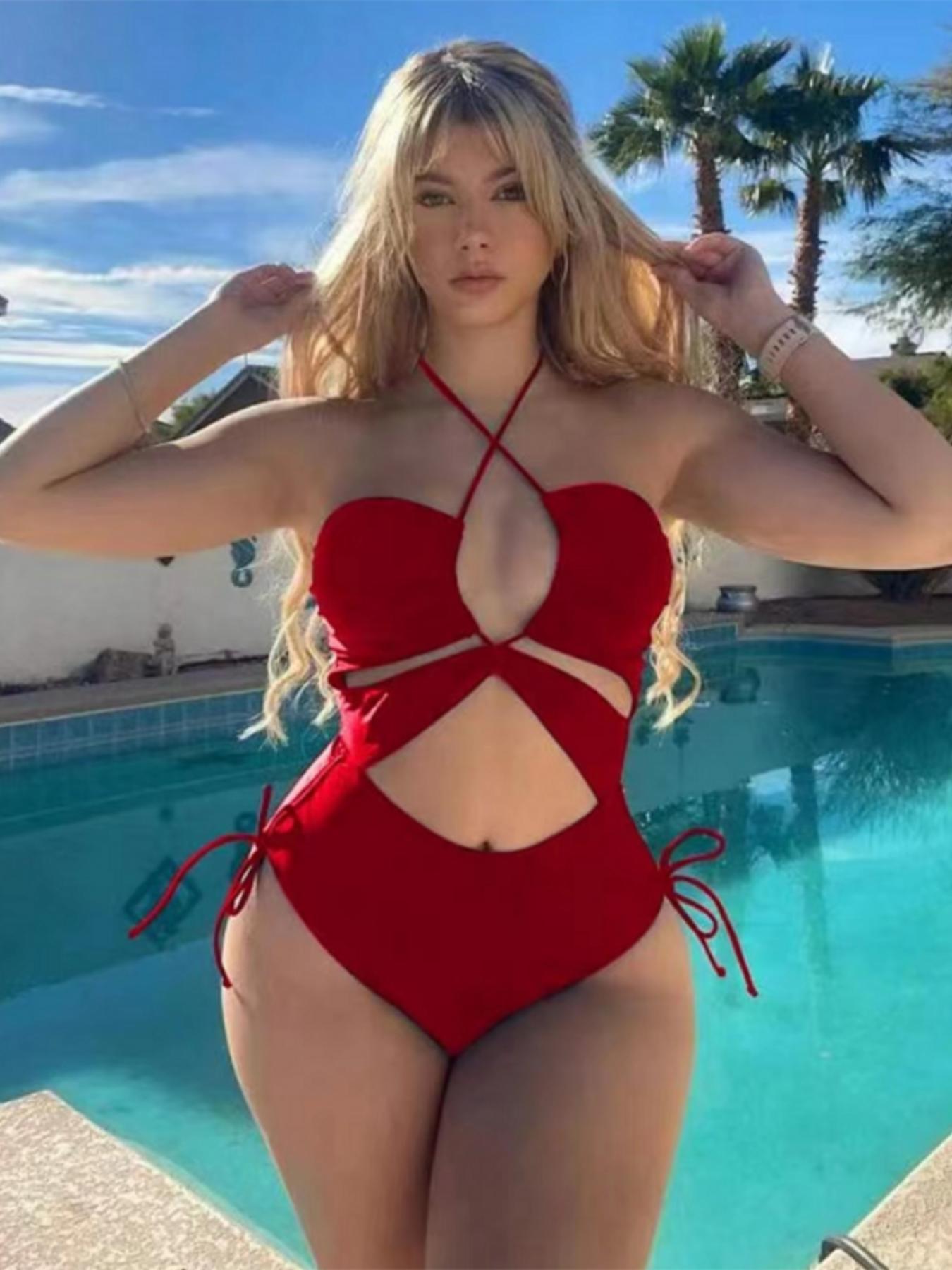 Women's Plain Cut Out Drawstring Swimsuit, Casual Halter Backless One-piece Swimwear, Ladies Summer Beach Vacation Bathing Suit, Summer Clothes Women, Cutout Swim Suit, Cutout Bathing Suits