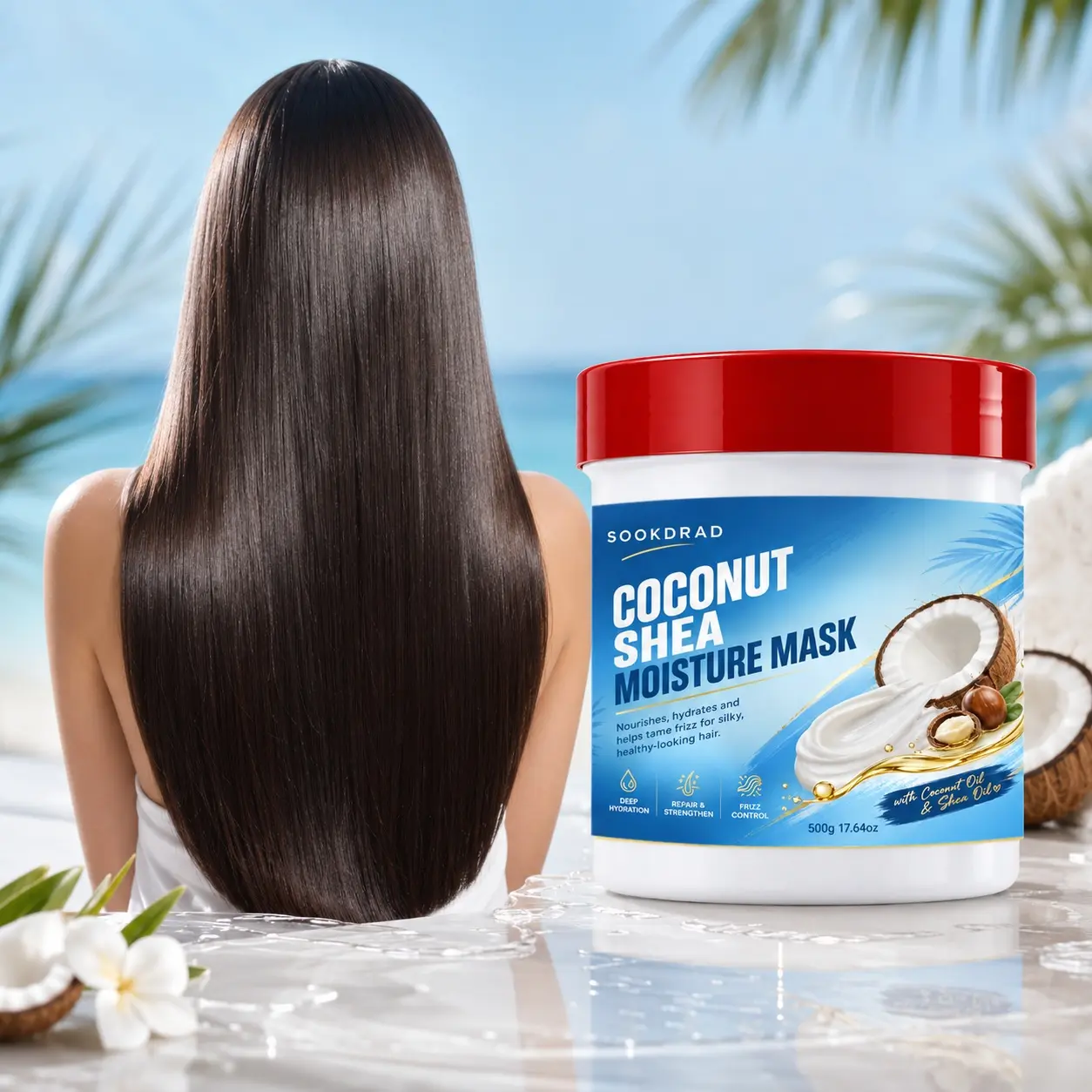 Coconut Shea Moisture Mask, with coconut oil, shea oil, deep hydration, repair and strengthen, frizz control, silky hair, tame frizz, 17.64oz, 500g