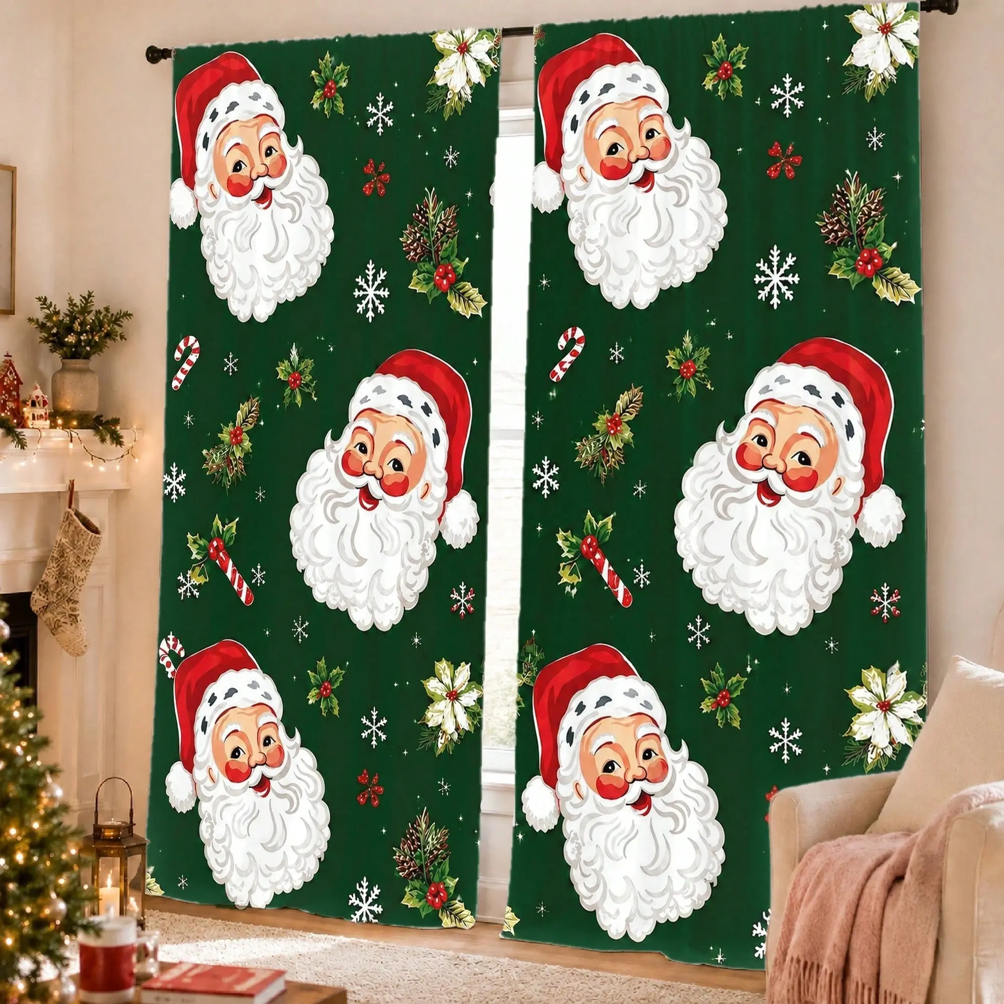 2-Pack Christmas Window Curtains, Santa Claus Pattern, Privacy Protection, Semi-Transparent Rod Pocket Design, Home Decor for Living Room, Bedroom, Kitchen