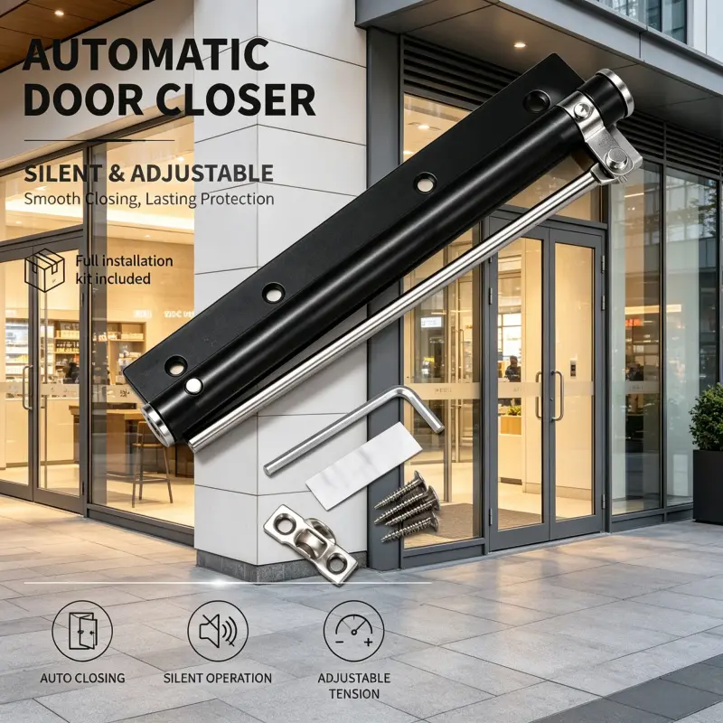 Home Interior Automatic Door Closer Silent Operation Adjustable Tension Complete Installation Screws Bracket Hex Key