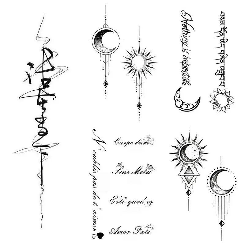Revolutionary Minimal Line Semi-Permanent Tattoo Stickers, Sun Moon Star Geometric Inspirational Quote Text Fake Tattoos, Waterproof Herbal Tiny Letter Temporary Tattoos, Long Lasting 7-15 Days Aesthetic Small Tattoo for Wrist Collarbone Women Teens