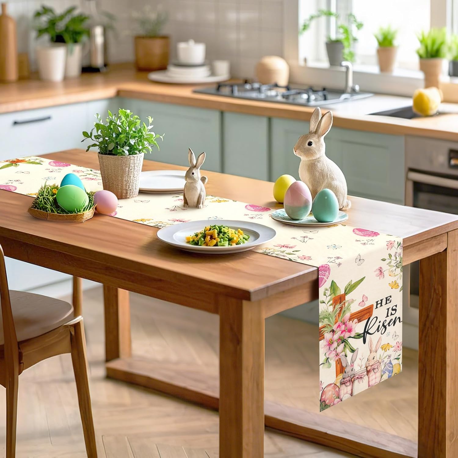 Easter Table Runner 13*72 Inch, Easter Decorations for Table Decor, Bunny Table Runner with Cross Flower, He is Risen Decors Spring Kitchen Dining Table Decor for Home