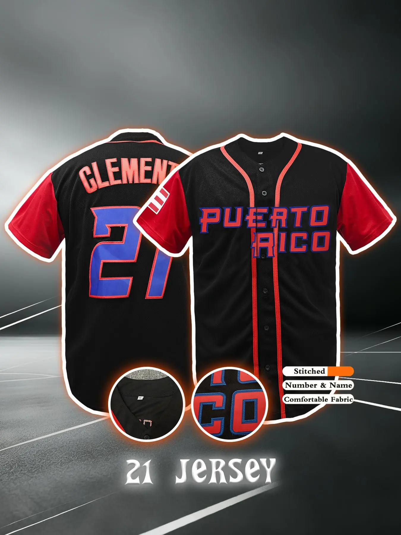Puerto Rico #21 Baseball Sports Style Jersey, Embroidered Casual Short Sleeve V-Neck, Breathable Sport Button-Up, Unisex Streetwear, Valentine's Gift