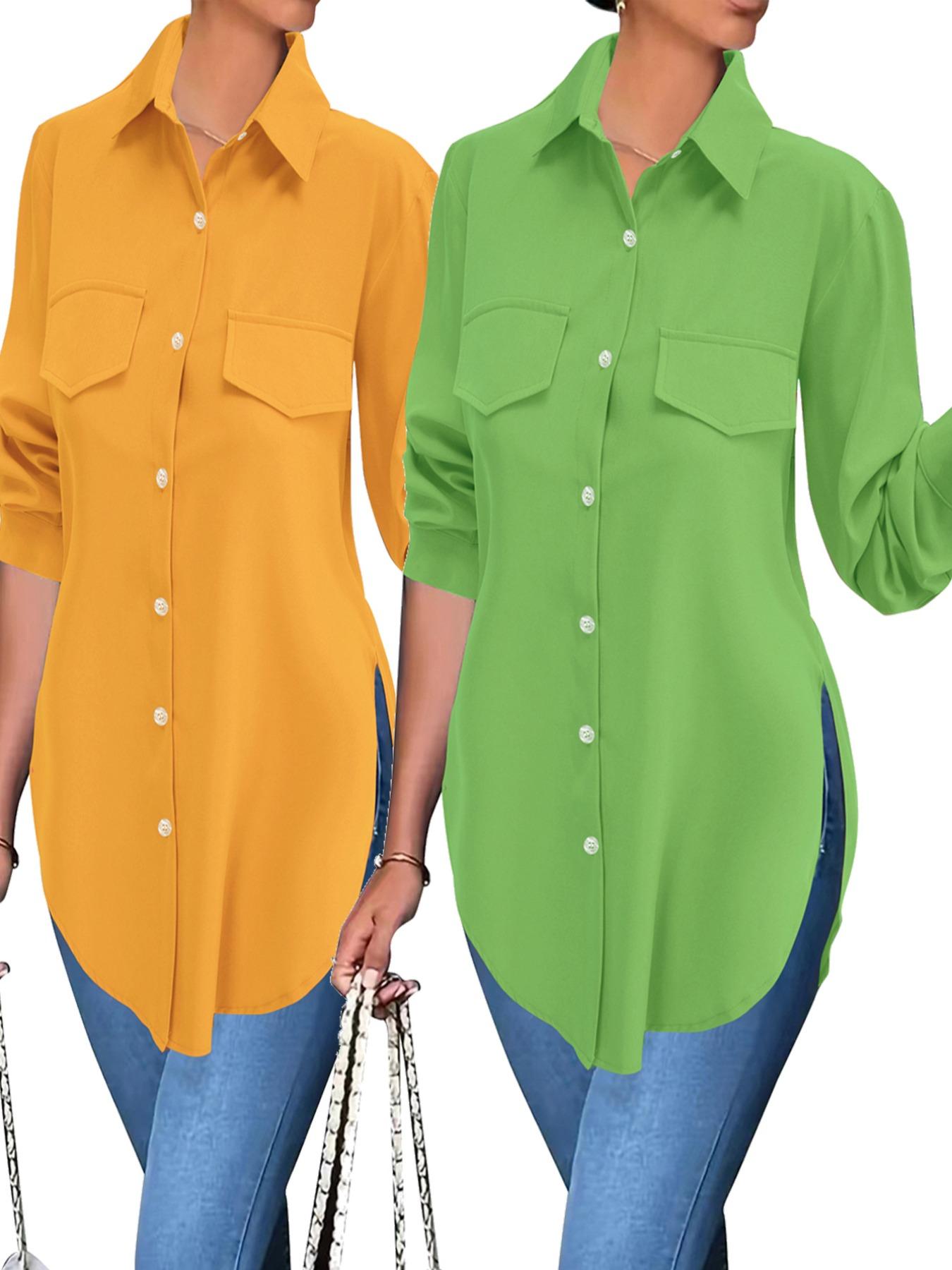 Women's Plain Button Front Split Hem Shirt Blouse, Casual Long Sleeve Collared Top for Spring & Fall, Summer Outfits 2024, Women's Clothing for Daily Wear