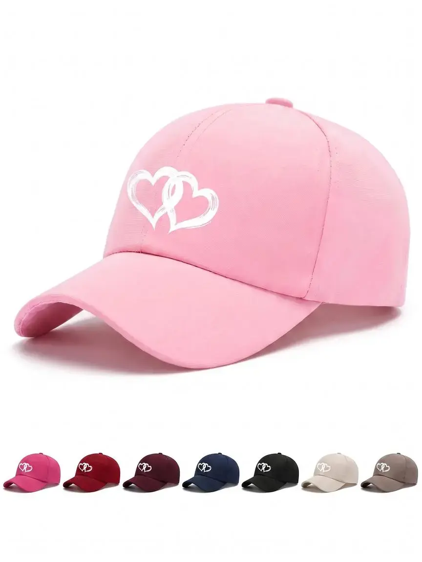 Unisex Heart Print Cartoon Pattern Baseball Cap, Polyester Cap, Double Heart Graphic, Adjustable, Casual Fashion Accessory, Face Covering, Easy to Wear, All Seasons, Sports Leisure Style, Graphic Hats, Fashionable Hats
