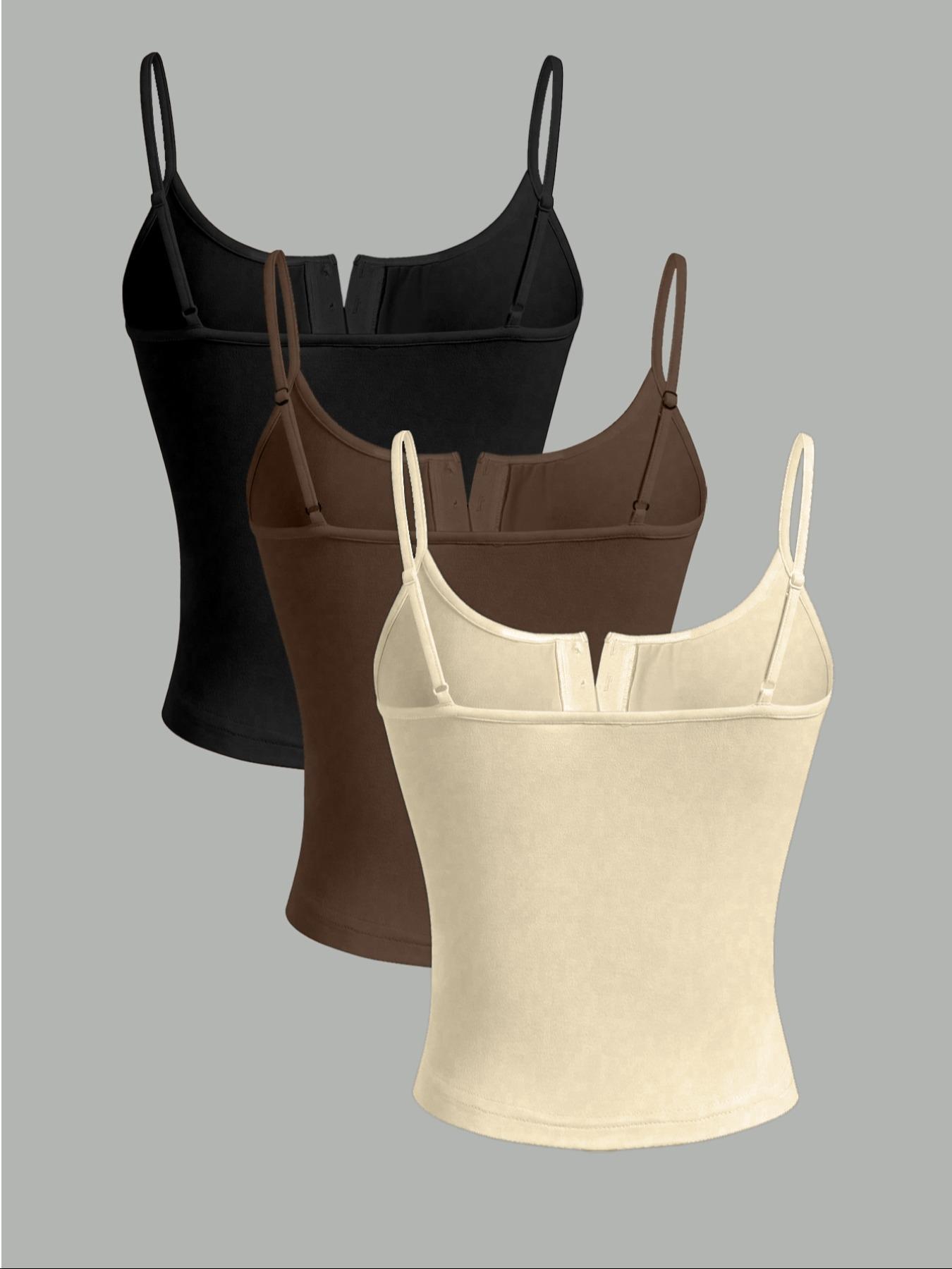 3pcs women's casual fashion sports multi button round neck solid color suspender top mixed three piece set