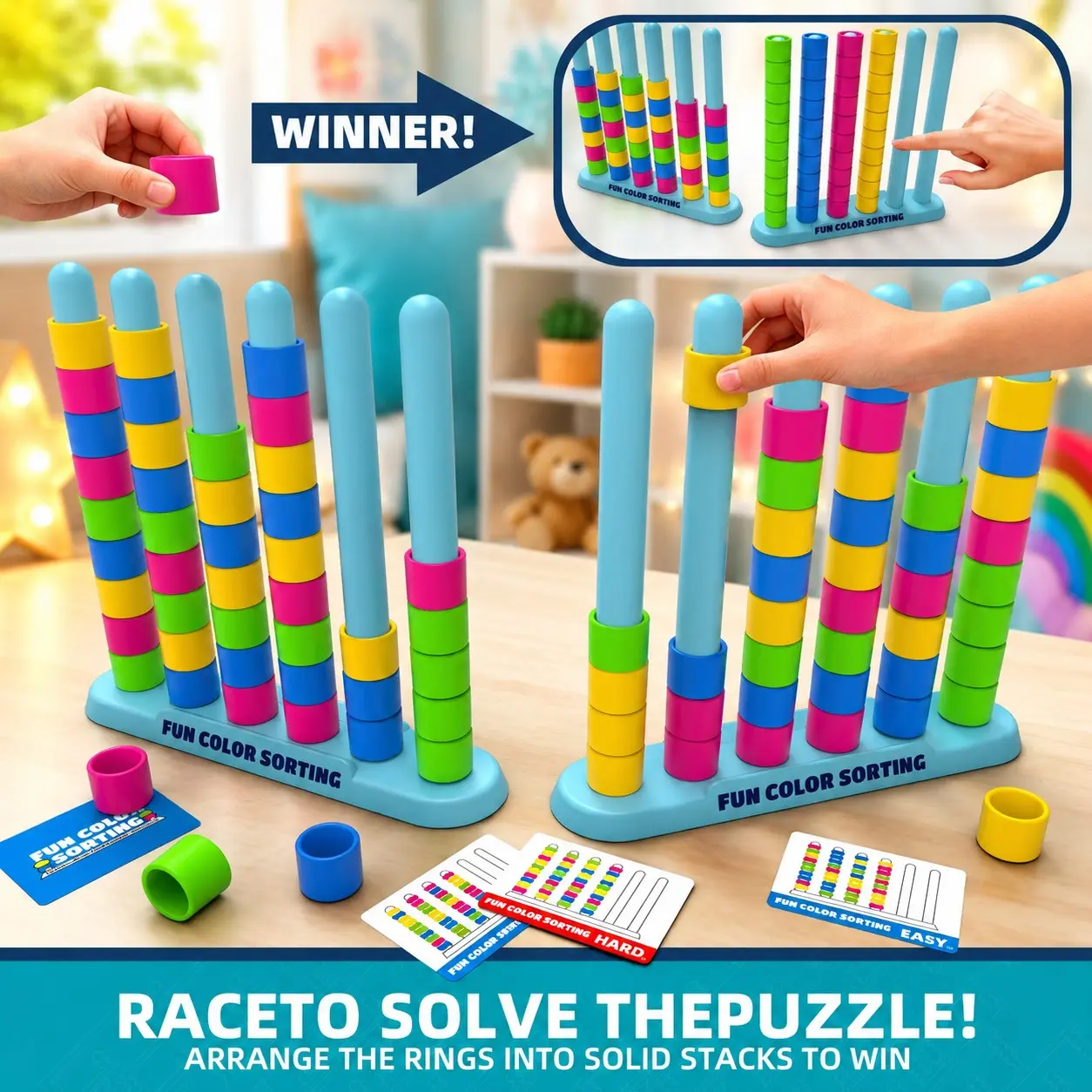 2-Player Color Sorting Stacking Game Set, 40 Color Rings, 50 Challenge Cards, Montessori Educational Stem Learning Toy, Fine Motor Skills, Family Fun, Ages 3-8